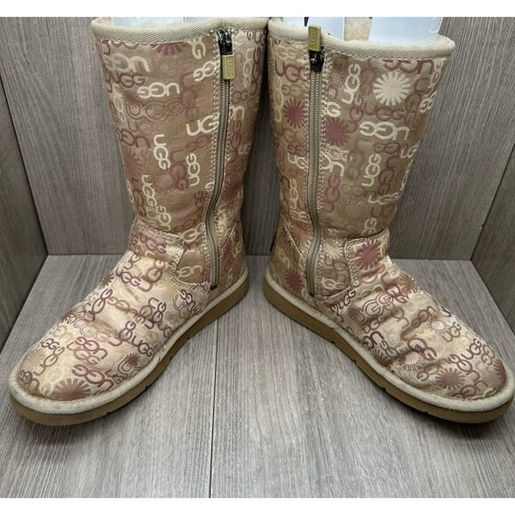 UGG 5515 Tall Winter Boots Womens 6 Lined Monogram Logo Zip Tan Beige - Picture 5 of 12